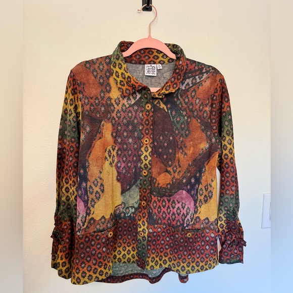 NEW Parsley & Sage Women Button Up Blouse Rainbow Abstract Bow Sleeve Small NWOT - Picture 1 of 9